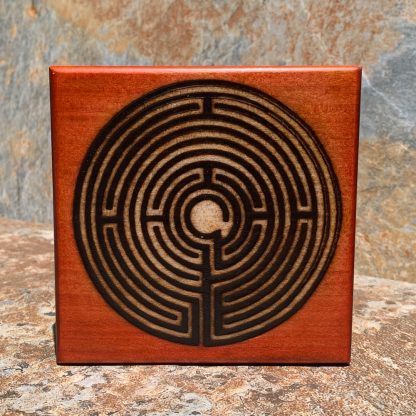 an image of a Handcrafted Labyrinth Wood Keepsake Box front view that is 4 x 4 x 1.5 inches