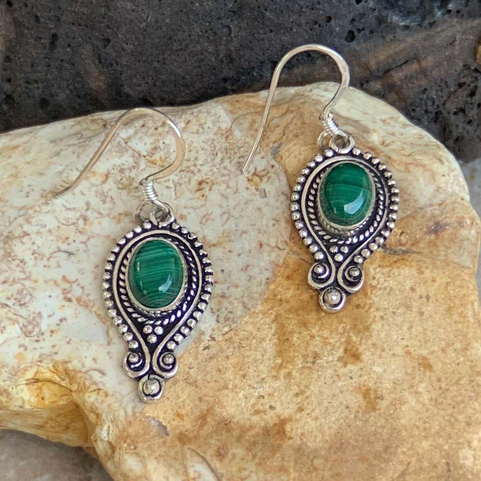 Malachite & Silver Peacock Earrings - GLE-Good Living Essentials