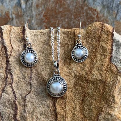 Pearl and Sterling Silver Pendant and Earrings Set