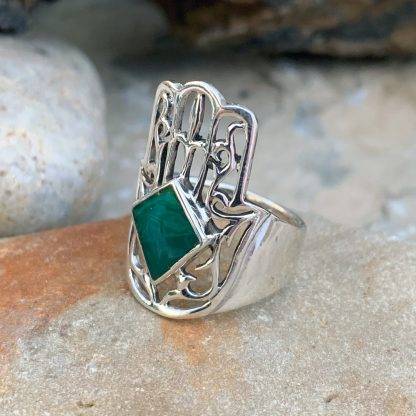 Sterling Hamsa Malachite Ring