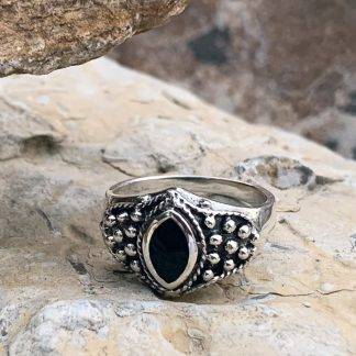 Black Onyx Silver-Beaded Ring