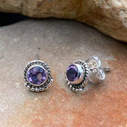 Purple Faceted Amethyst Sterling Studs