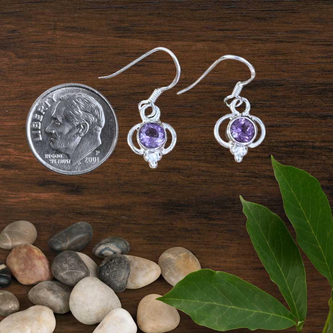an image of a pair of Delicate Amethyst and Sterling Earrings next to a dime