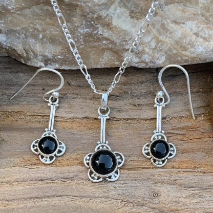 Black Onyx & Sterling SilverFlower Set