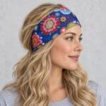 a multi color Flower Power Bandana Headwrap on an AI generated model