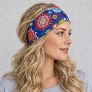 a multi color Flower Power Bandana Headwrap on an AI generated model