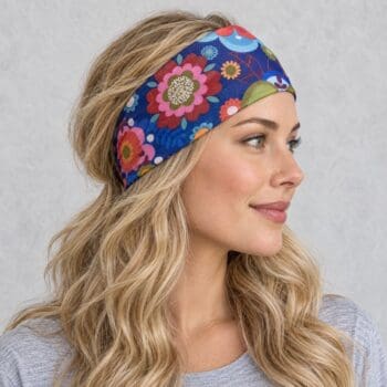 a multi color Flower Power Bandana Headwrap on an AI generated model