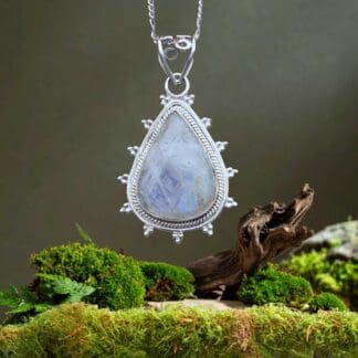 an image of an Ornate Pear Rainbow Moonstone and Sterling Silver Pendant