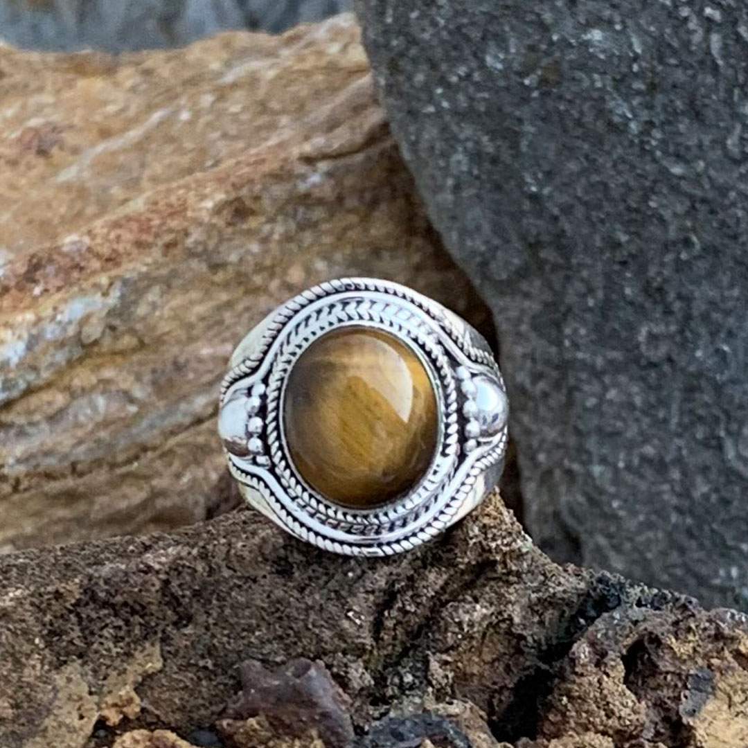Circle Tiger Eye Stone Men's Sterling Silver Ring | OrlaSilver
