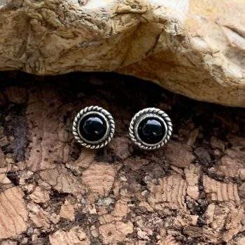 Black Onyx & Sterling Silver Round Stud-Earrings