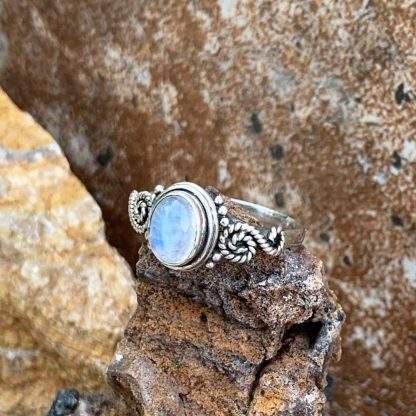 Oval Rainbow Moonstone in Sterling Silver Ring with Swirl on each side