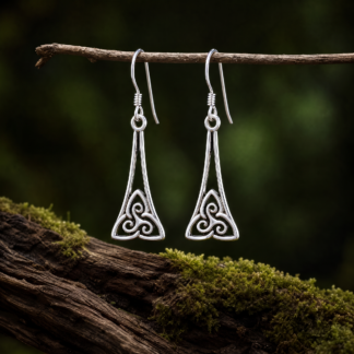 an image of a pair of dangling Triskelion and Triquetra Sterling Earrings with a Triskele symbol sitting inside a Triquetra symbol