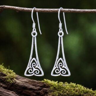 an image of a pair of dangling Triskelion and Triquetra Sterling Earrings with a Triskele symbol sitting inside a Triquetra symbol