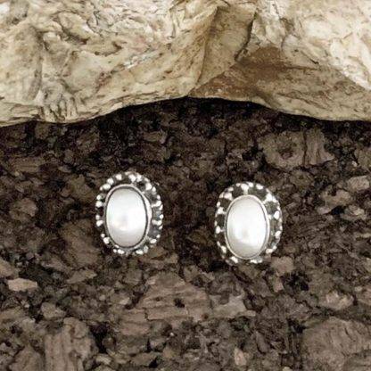 Oval Pearl Sterling Silver Stud Earrings
