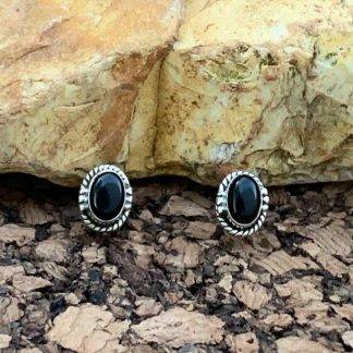 Black-Onyx Oval Sterling Studs Earrings