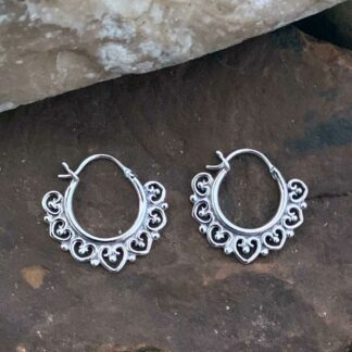 Sterling Silver Click Hoop Earrings with Seven Open Hearts