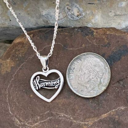 Sterling Silver Open Heart Pendant with word Harmony Across Center