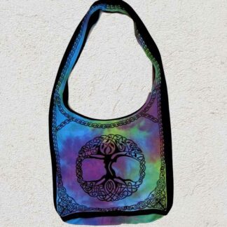 Multi-Color Celtic Tree Bag with Tie Dye background of Purples, Blues and Greens