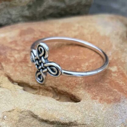Dainty Celtic Sterling Ring with Cross Design Side Angle