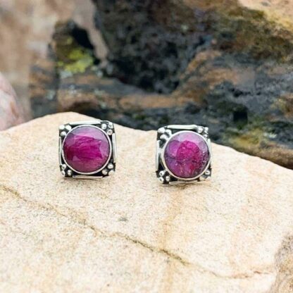 Square Sterling Ruby Stud Earrings