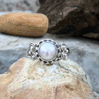 Round Pearl and Sterling Silver Ring