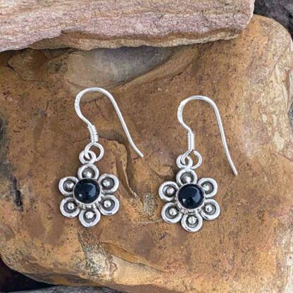 an image of a pair of dainty Black Onyx and Sterling Silver Flower Earrings