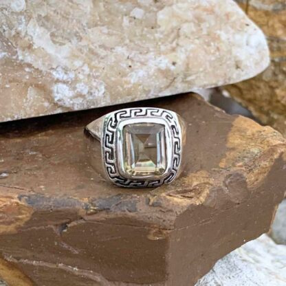 Faceted Citrine and Sterling Silver Greek Key Design Ring