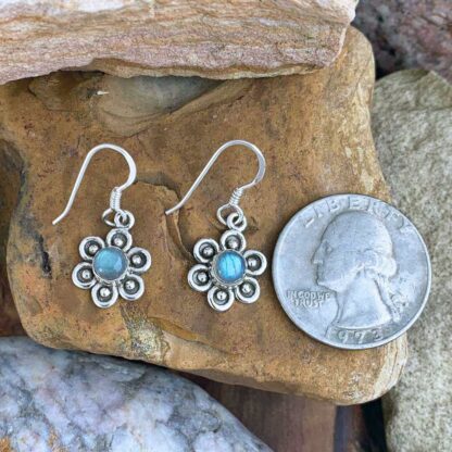 Sterling Silver Labradorite Flower Dangle Earrings Next to Quarter