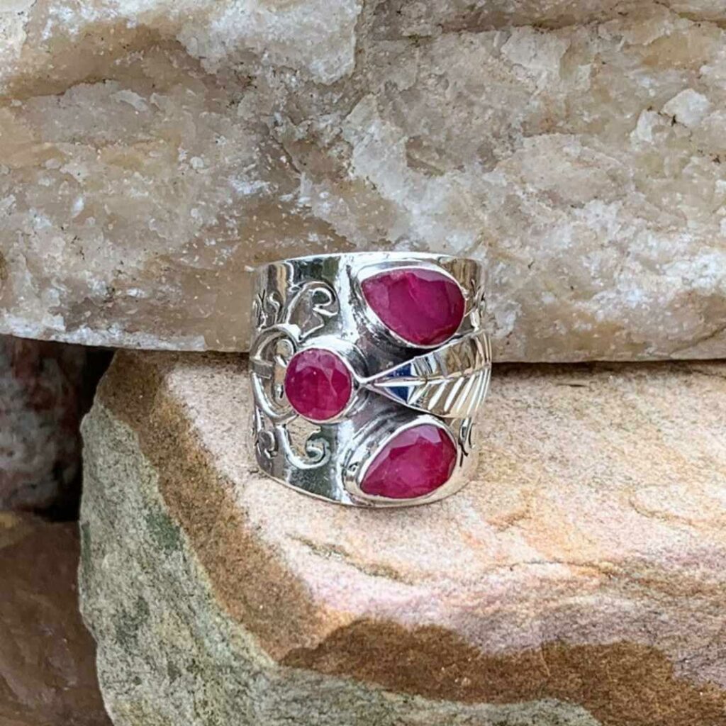 Wide Triple Ruby Sterling Silver Ring