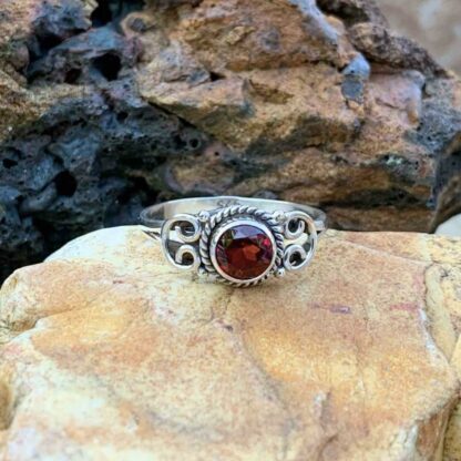 Round Faceted Garnet and Sterling Silver Dainty Ring