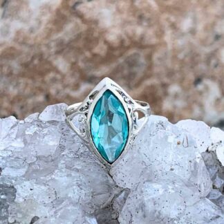 Marquise Blue Topaz with Sterling Silver Filigree Hearts Ring