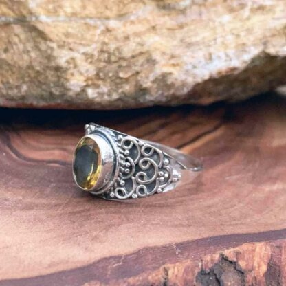 Ornate Sterling Silver and Faceted Oval Citrine Ring Side Angle