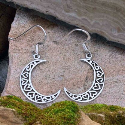 Sterling Silver Crescent Moon Earrings with Filigree Hearts