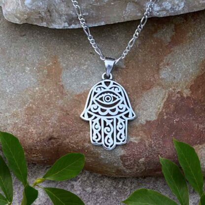 Sterling Silver Filigree Hamsa Pendant with Eye in Palm.