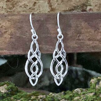 A photo of our sterling silver open Celtic Knot Marquise shape dangle earrings