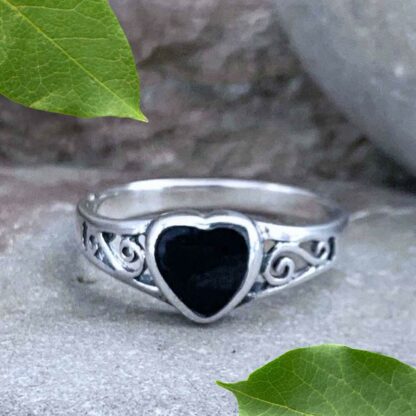 Black Agate and Sterling Silver Filigree Heart Ring