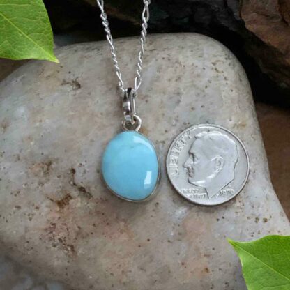 Dainty Sterling Larimar Pendant Next to Dime
