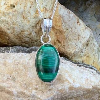 Oval Green Malachite with horizontal bands Sterling Pendant