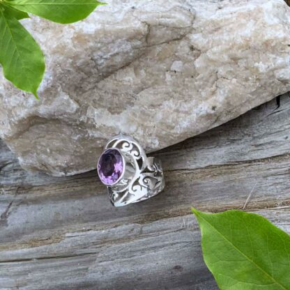 Filigree Sterling-Faceted Amethyst Ring Side View