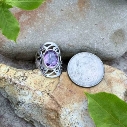 Filigree Sterling-Faceted Amethyst Ring Next to Quarter For Perspective