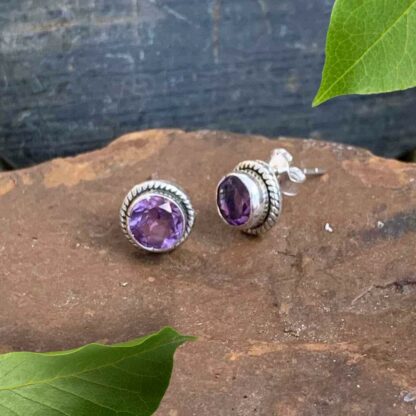 Faceted Amethyst Round Stud Pierced Earrings