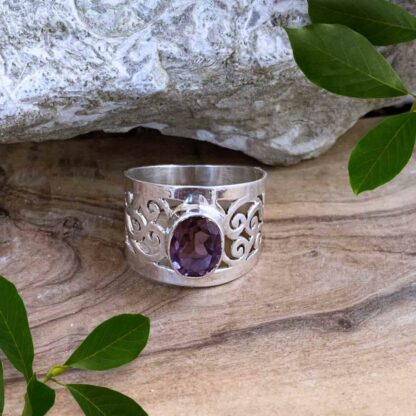 Oval Faceted Amethyst Wide Filigree Sterling Silver Ring