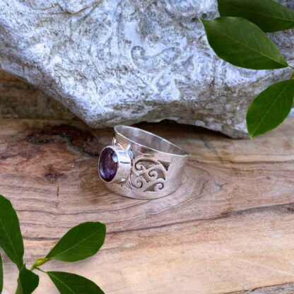 Oval Faceted Amethyst Wide Filigree Sterling Silver Ring Side View