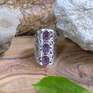 Triple Amethyst Statement Ring with Sterling Silver Filigree