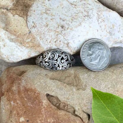 925 Sterling Silver Ring with Filigree Swirling Design Next to Dime