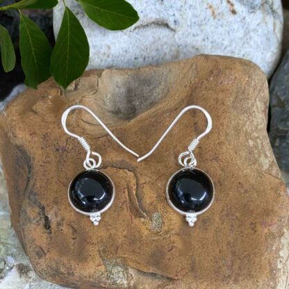 Black Onyx Round Dangle-Earrings set in Sterling Silver