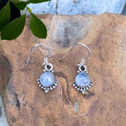 Precious Petite Round Rainbow Moonstone Earrings set in beaded Sterling Silver setting