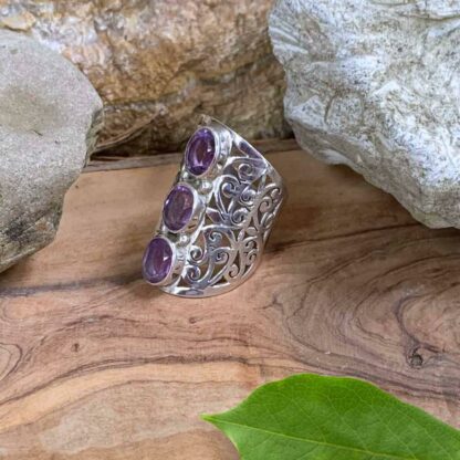 Side View of Triple Amethyst Statement Ring with Sterling Silver Filigree