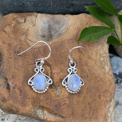 Iridescent Oval Rainbow Moonstone Dangle Earrings set in Sterling Silver