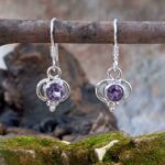 Delicate Faceted Amethyst & Open Sterling Design Pierced Earrings With Slight Dangle